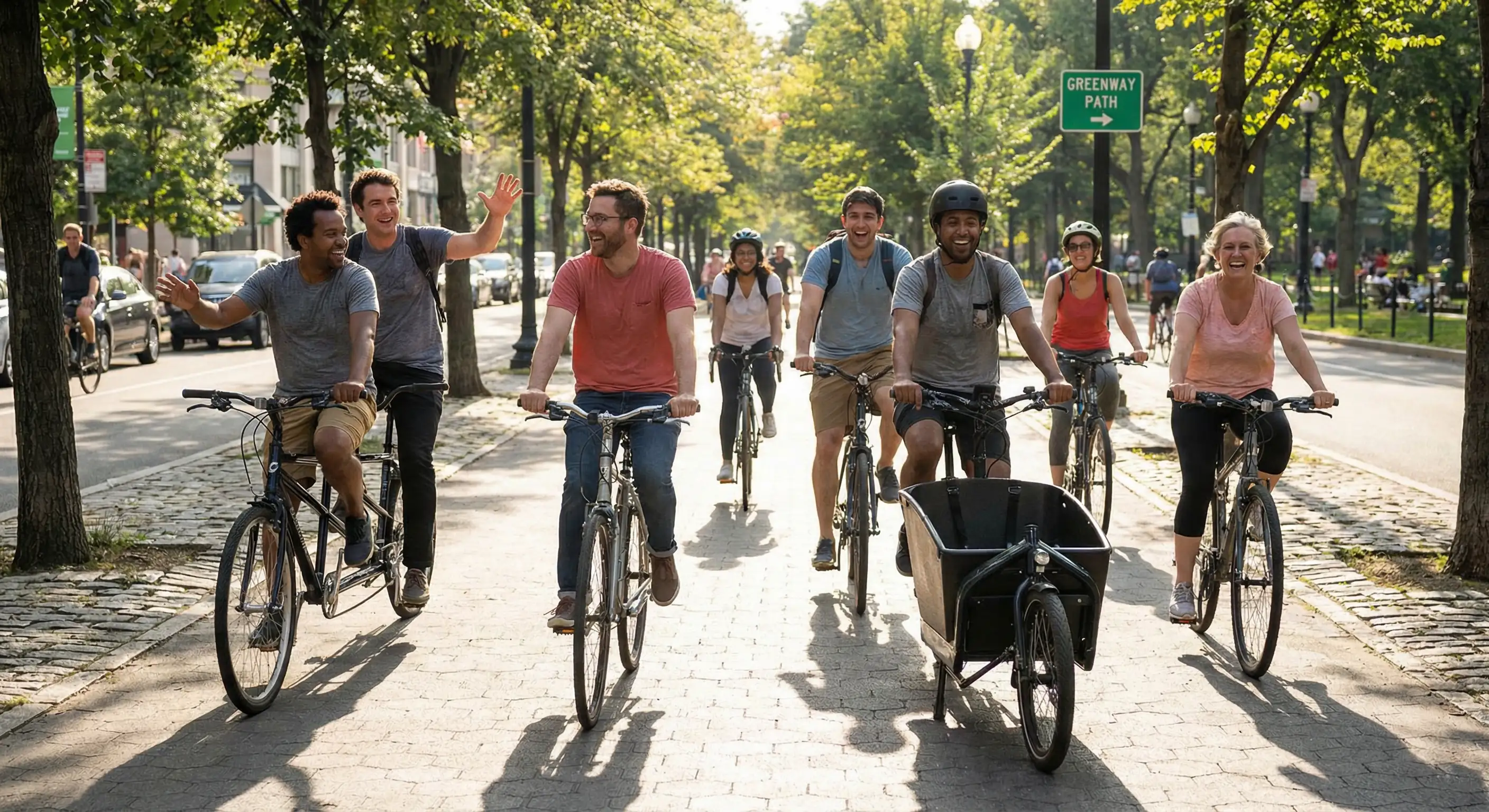 People on bicycles smiling and having fun cycling together